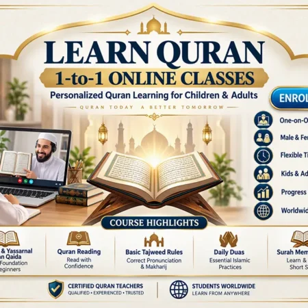 Child learning Quran online via 1-to-1 live classes with a certified tutor. Offering Noorani Qaida, Tajweed, and Hifz for kids and adults.