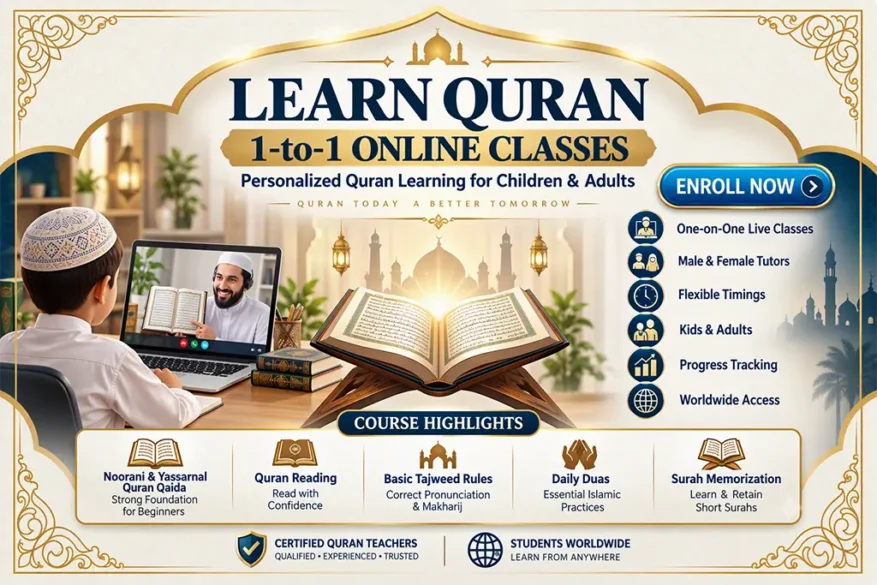 Child learning Quran online via 1-to-1 live classes with a certified tutor. Offering Noorani Qaida, Tajweed, and Hifz for kids and adults.