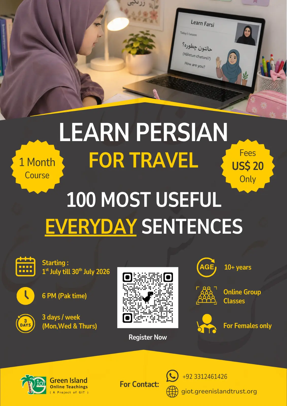 Flyer for Green Island Online Teachings' online Persian language course for females, featuring course details for 100 Most Useful Persian Sentences.